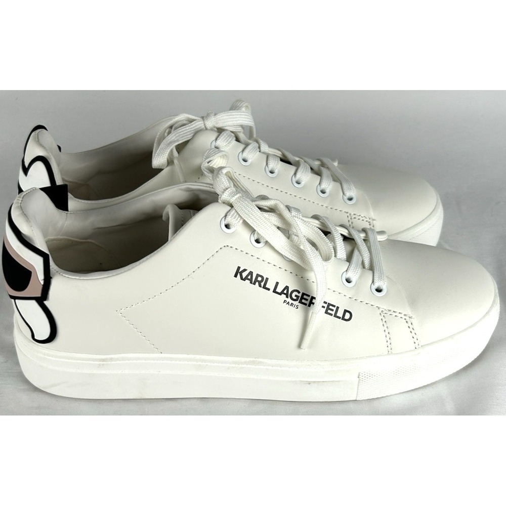 Karl Lagerfeld White Chella Leather Sneakers Shoes Womens Sz 9 Cat Karl Head